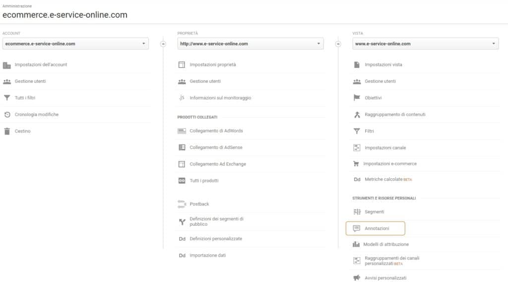 annotazioni di google analytics - Insights Google Analytics - interfaccia amministrazione - vista