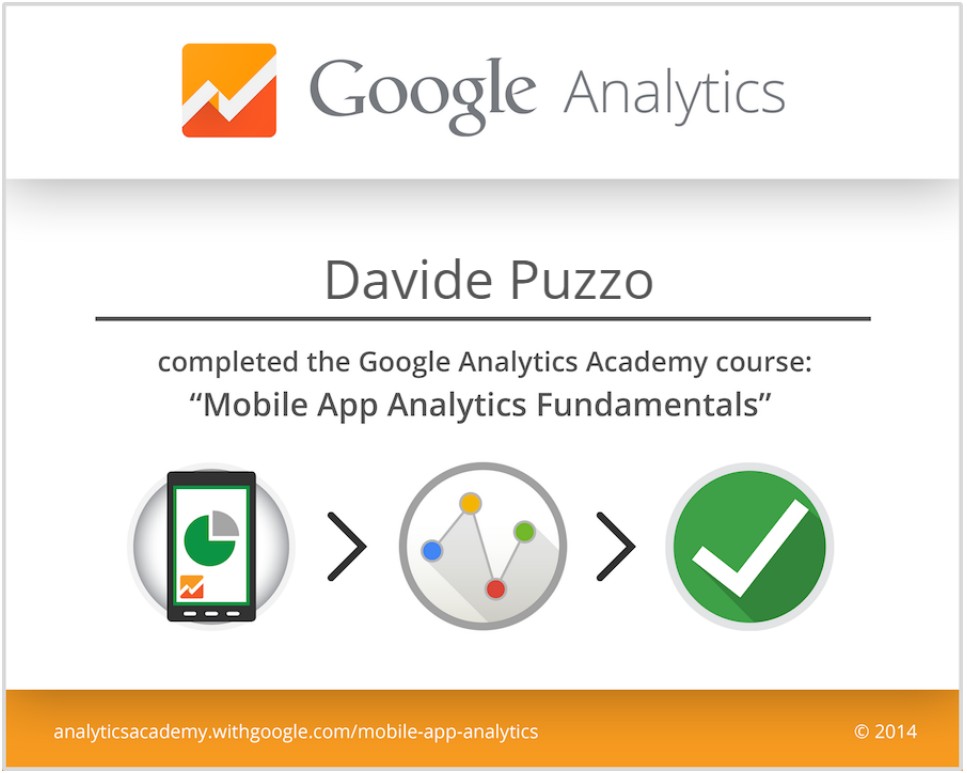 Certificato di completamento del corso "Mobile App Analytics Fundamentals" rilasciato da Google Analytics Academy a Davide Puzzo nel 2014. L'immagine include il logo di Google Analytics, il nome del partecipante e un percorso visivo con icone che rappresentano il monitoraggio delle app, l'analisi dei dati e il completamento del corso.