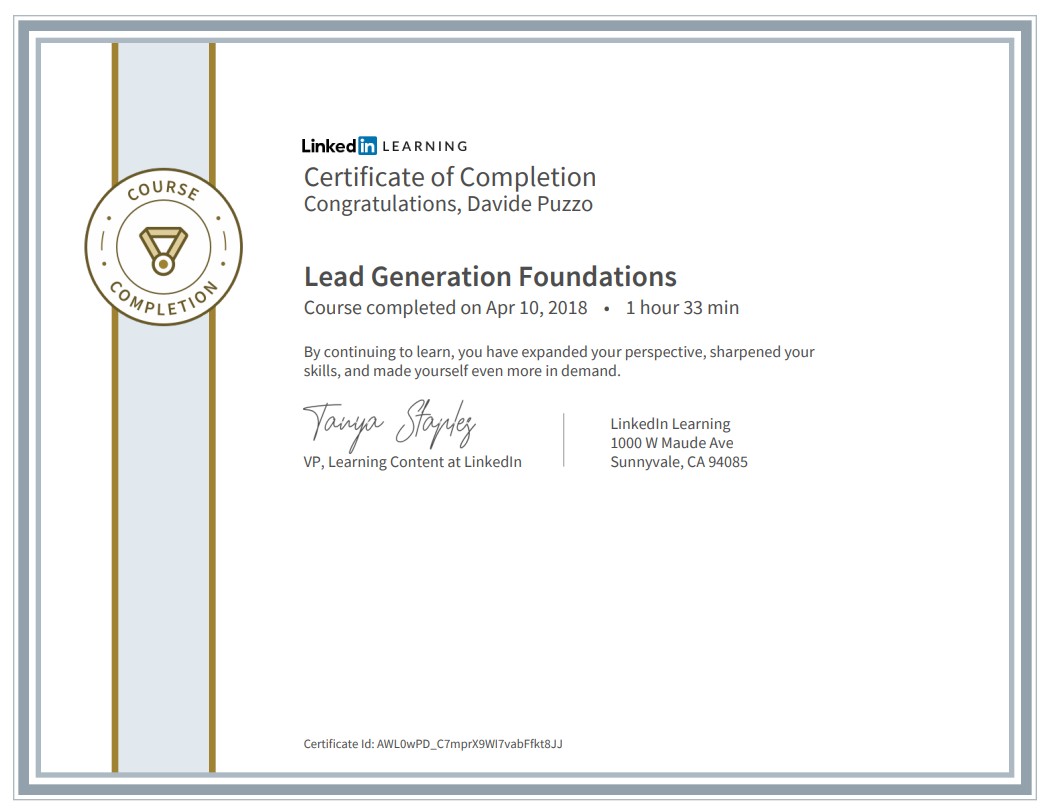 Certificato di completamento del corso "Lead Generation Foundations" rilasciato da LinkedIn Learning a Davide Puzzo il 10 aprile 2018. L'immagine include il logo LinkedIn Learning, la firma della VP Tanya Staples e dettagli sul corso.