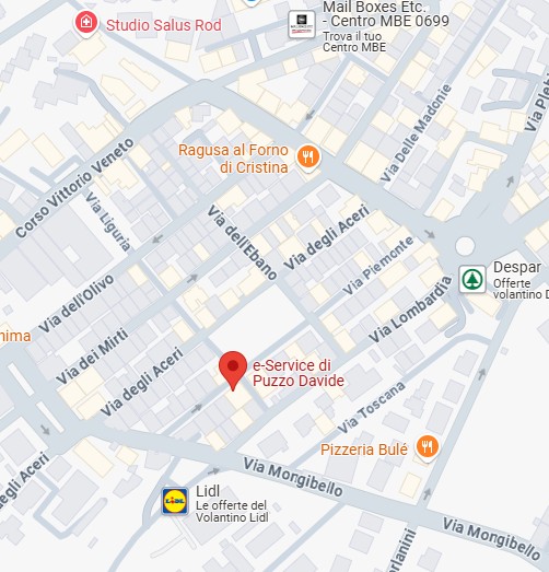 Mappa con la posizione di e-Service di Puzzo Davide a Ragusa, situata in Via Liguria, vicino a Lidl, Despar e altre attività commerciali.