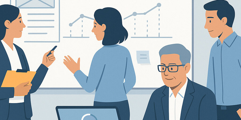 Realizzare un sito web nel 2025 guida pratica per imprenditori Team aziendale pianifica la realizzazione di un sito web con lavagna, wireframe, timeline e portatile: atmosfera produttiva e moderna.